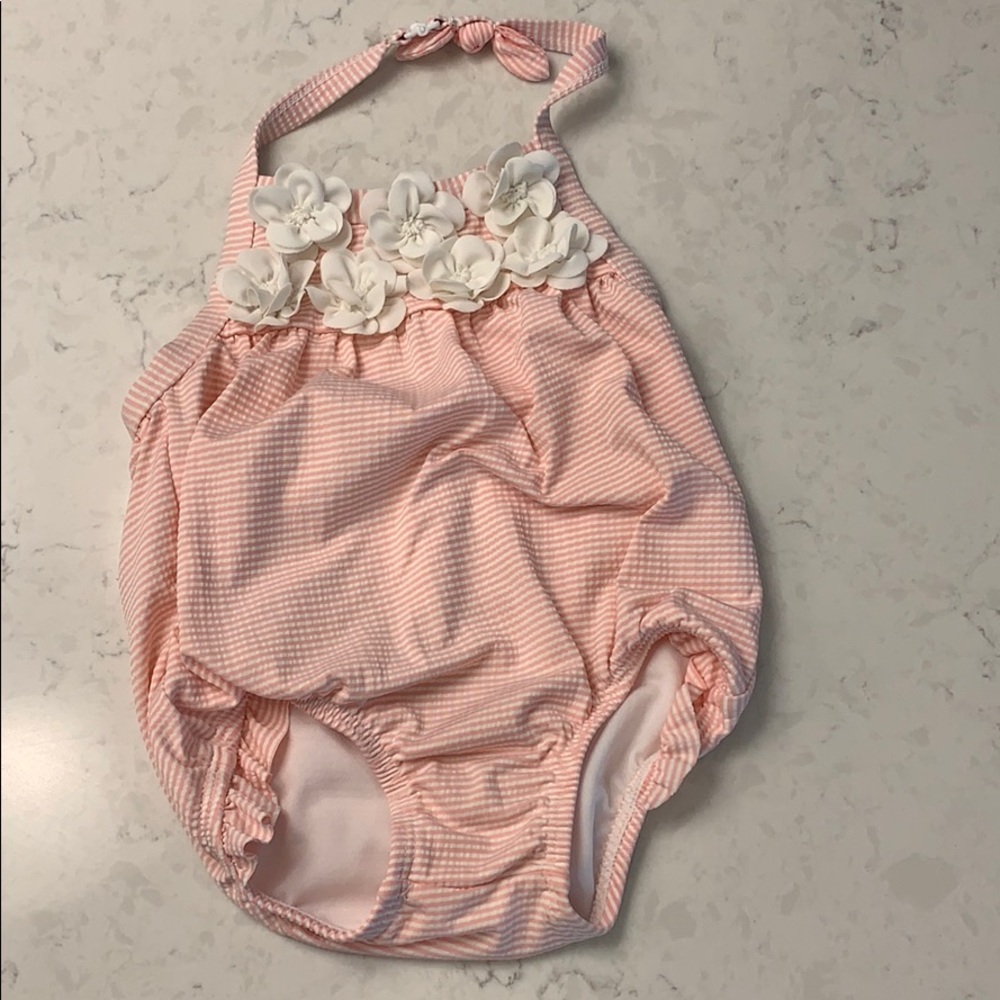 Pink seersucker and flower girls swimsuit